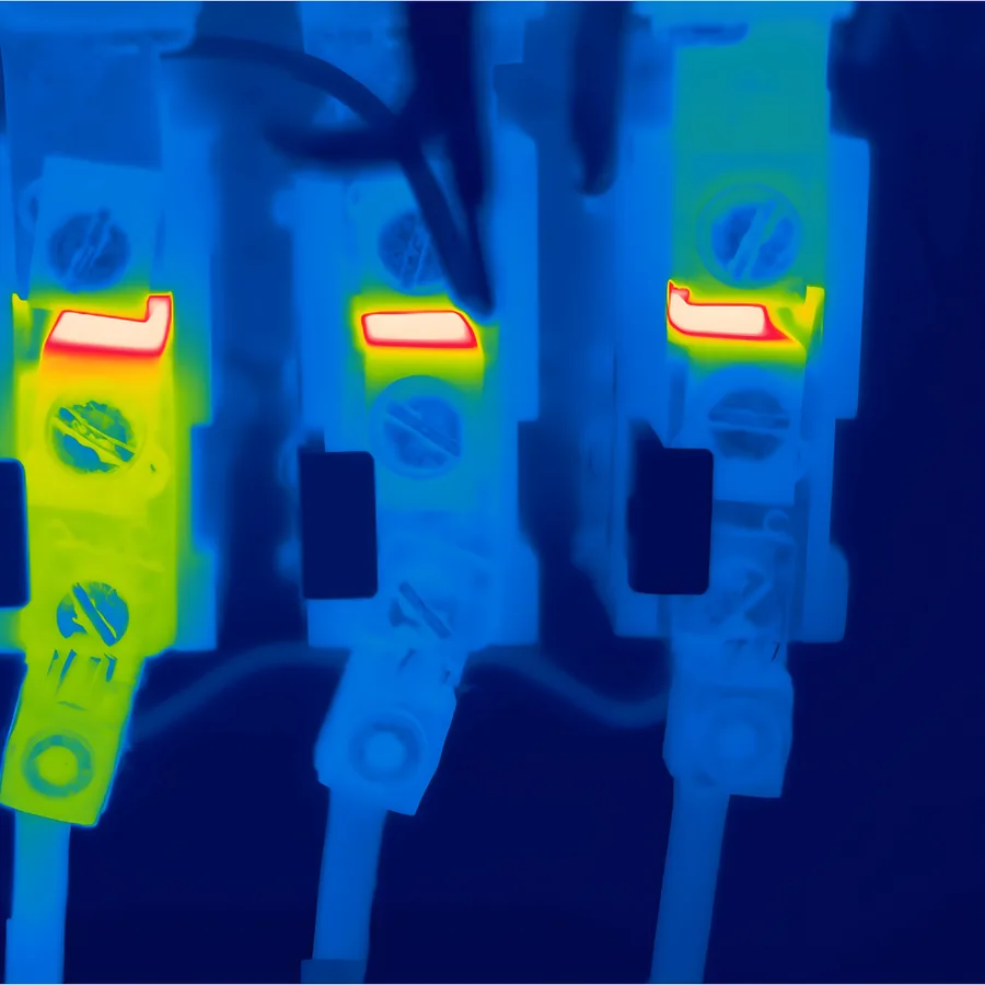 Thermogram of fuses with a thermal anomaly on the contacts