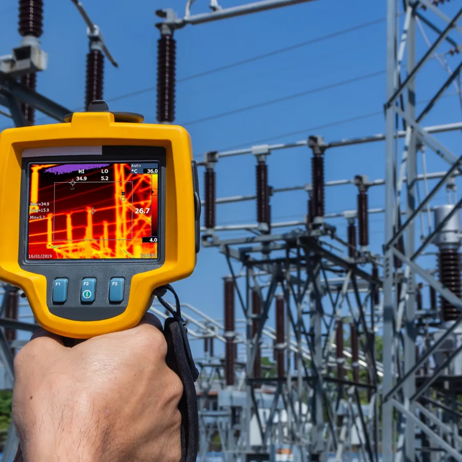 Thermal camera aimed at the equipment of an electrical substation
