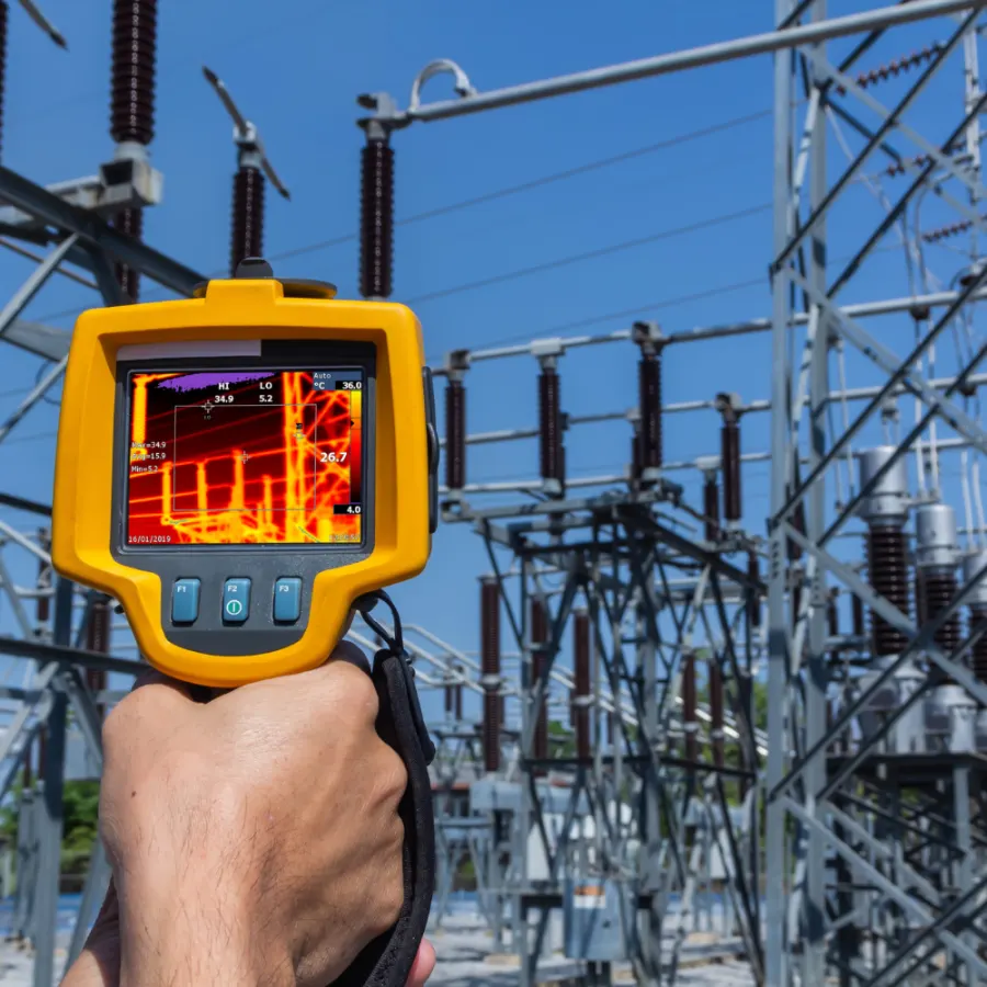 Thermal camera aimed at a high-voltage electrical substation
